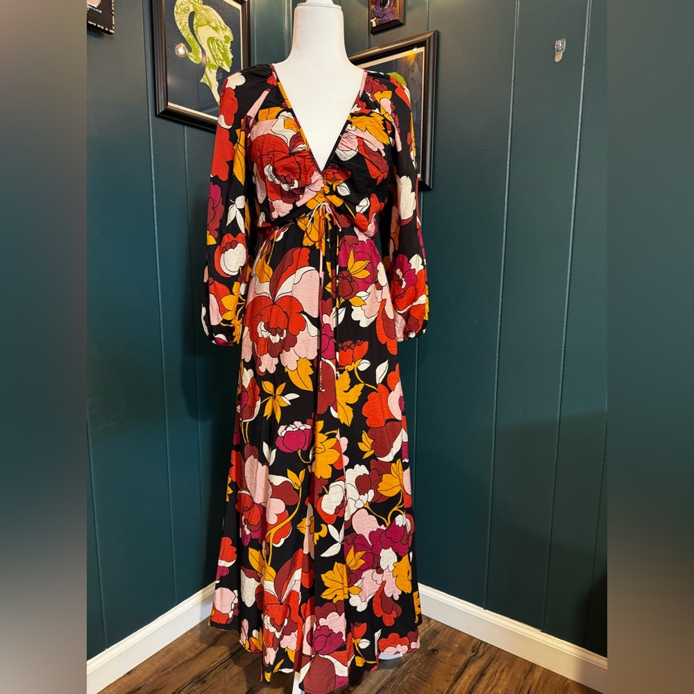 Anthropologie Black Multi Floral Tie-Front Maxi Dress